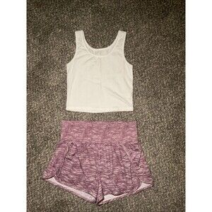 Women’s White Crop Top And Purple Stretch Shorts Outfit 2 Piece Set. Size Lg.